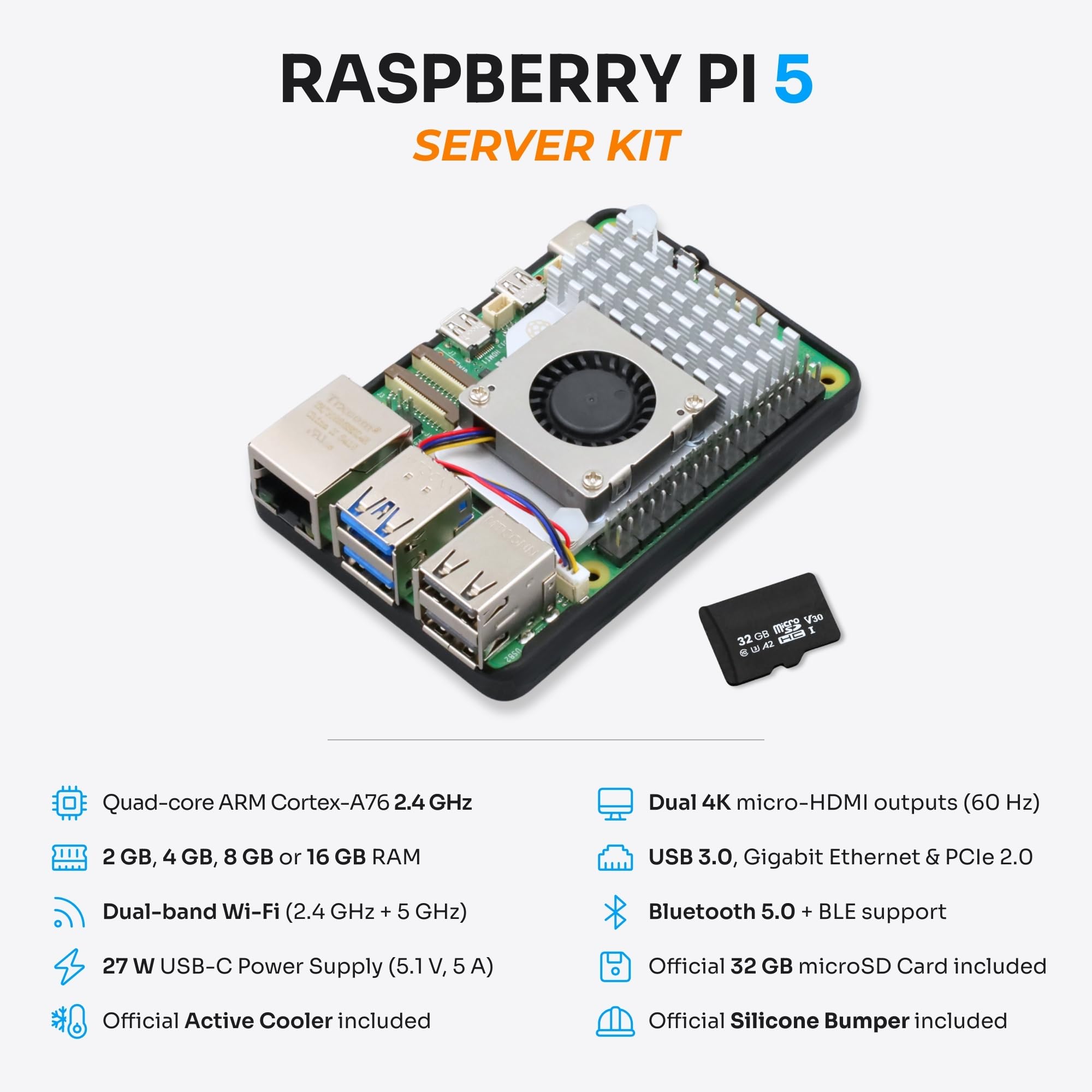 Starter Kit per Raspberry Pi 5 8 GB - Server Edition | Scheda MicroSD da 32 GB | Alimentatore da 27 W | Raffreddatore attivo | Bumper in silicone