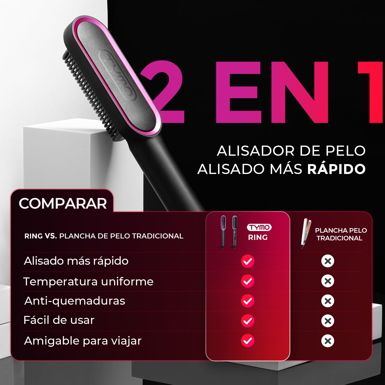 TYMO RING Cepillo Alisador Pelo Profesional, 5 Temperaturas 130°C-210°C, Calentamiento Rápido, Doble Voltaje, Negro