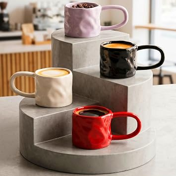 TANEW Ceramic Espresso Shot Cups Set of 4, 2.5oz Small Tiny Coffee Cups, Mini Demitasse Mugs for Latte, Cappuccino, Macchiato, Tea Black & Red & Purple & Sand