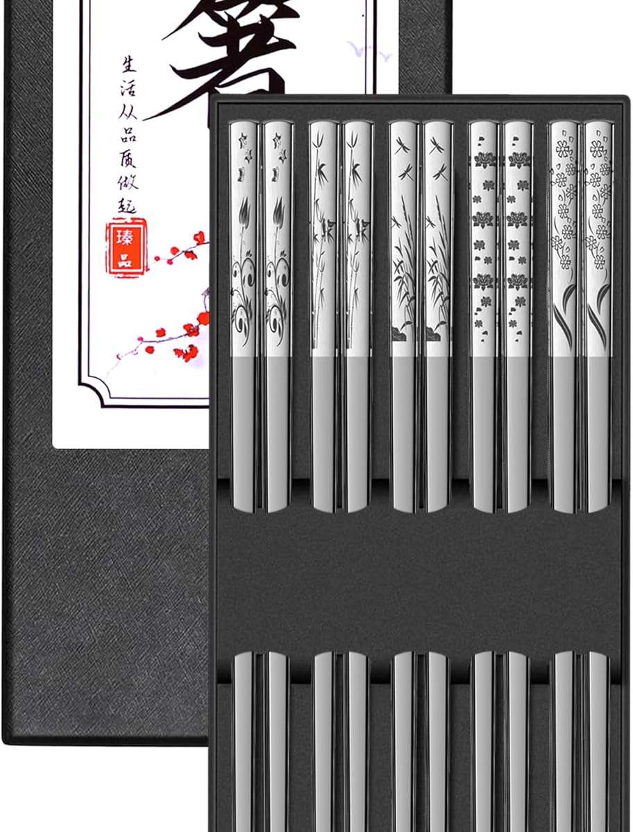 Metal Chopsticks Reusable 5 Pairs 18/8 Stainless Steel Chopstick Beautiful Engraving Patterns Dishwasher Safe Non-Slip Japanese Korean Chop Sticks Present Set