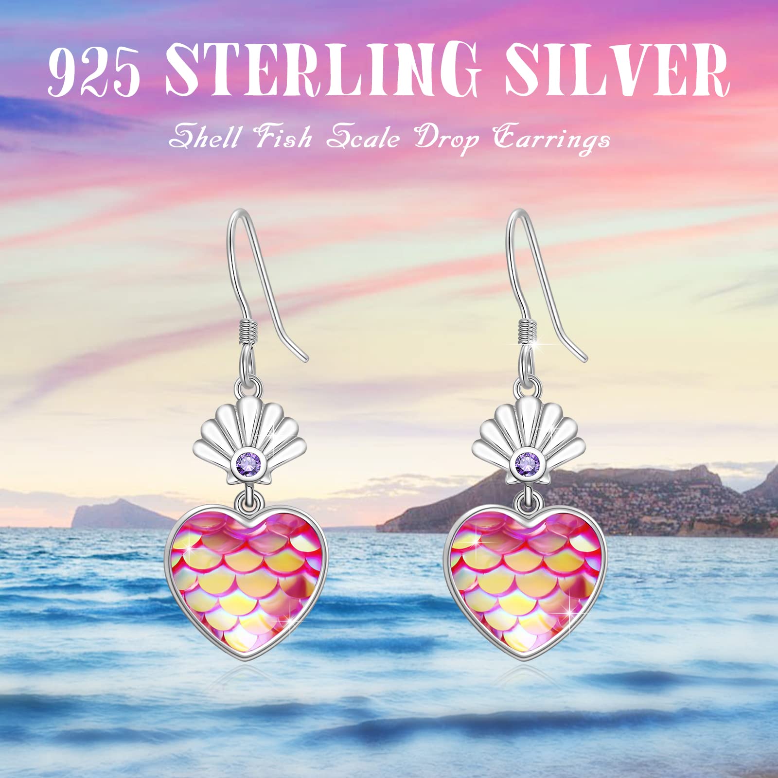 Océano tema sirena joyería plata de ley 925 tortuga, delfín, cangrejo, concha, onda, murciélago, timón de ancla, pendientes marítimos para mujeres, Plata de ley