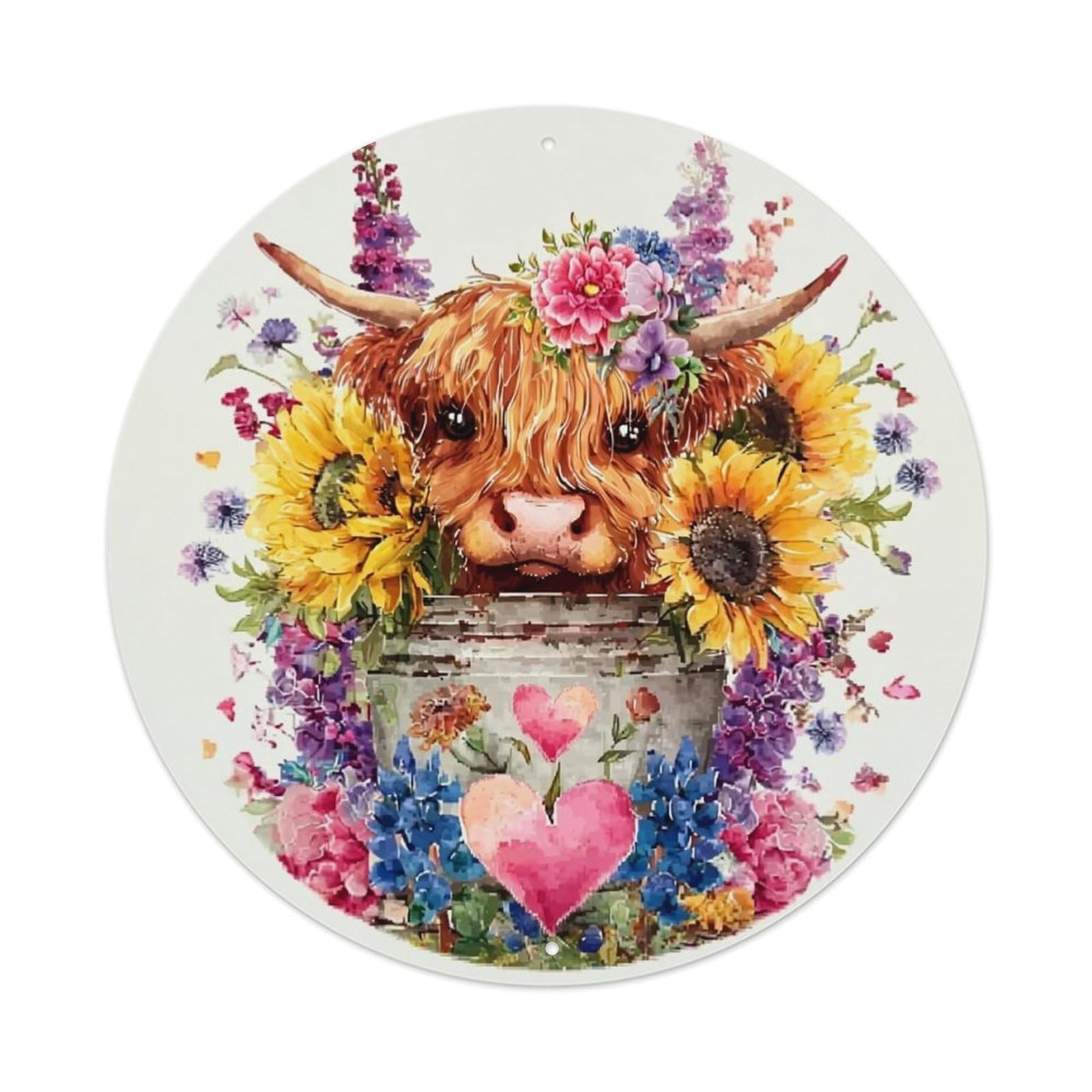 Floral Highland Cow Bucket Design Vintage Metal Tin Sign Retro Wall Decor for Home Bar Garage Cafe, Indoor & Outdoor Decorative，circle Metal Poster, 8x8 Inch