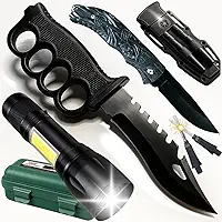 Kit Sobrevivência Tático Faca Soco Ingles Lanterna LED Canivete Dobrável Pederneira Apito Emergência Bainha Com Bússola Camping Trilha Pesca Caça Aventura
