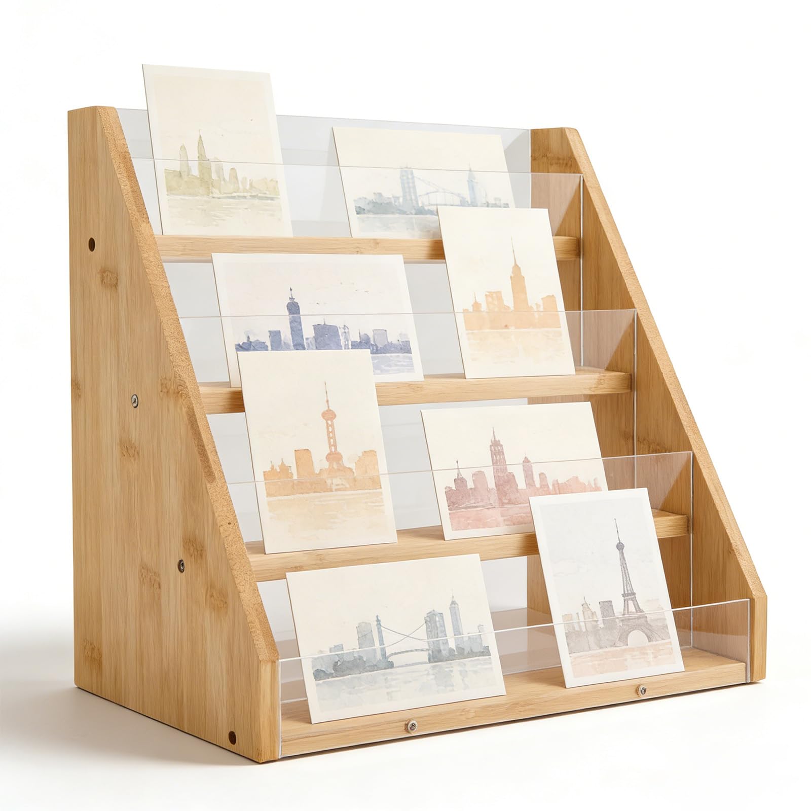 Présentoir à 4 Niveaux pour Cartes en Bambou et Acrylique, Support d'Exposition Portable avec Vitrine, Pour Étiquettes, Comptoir, Commerce de Détail, Bureau et Événements