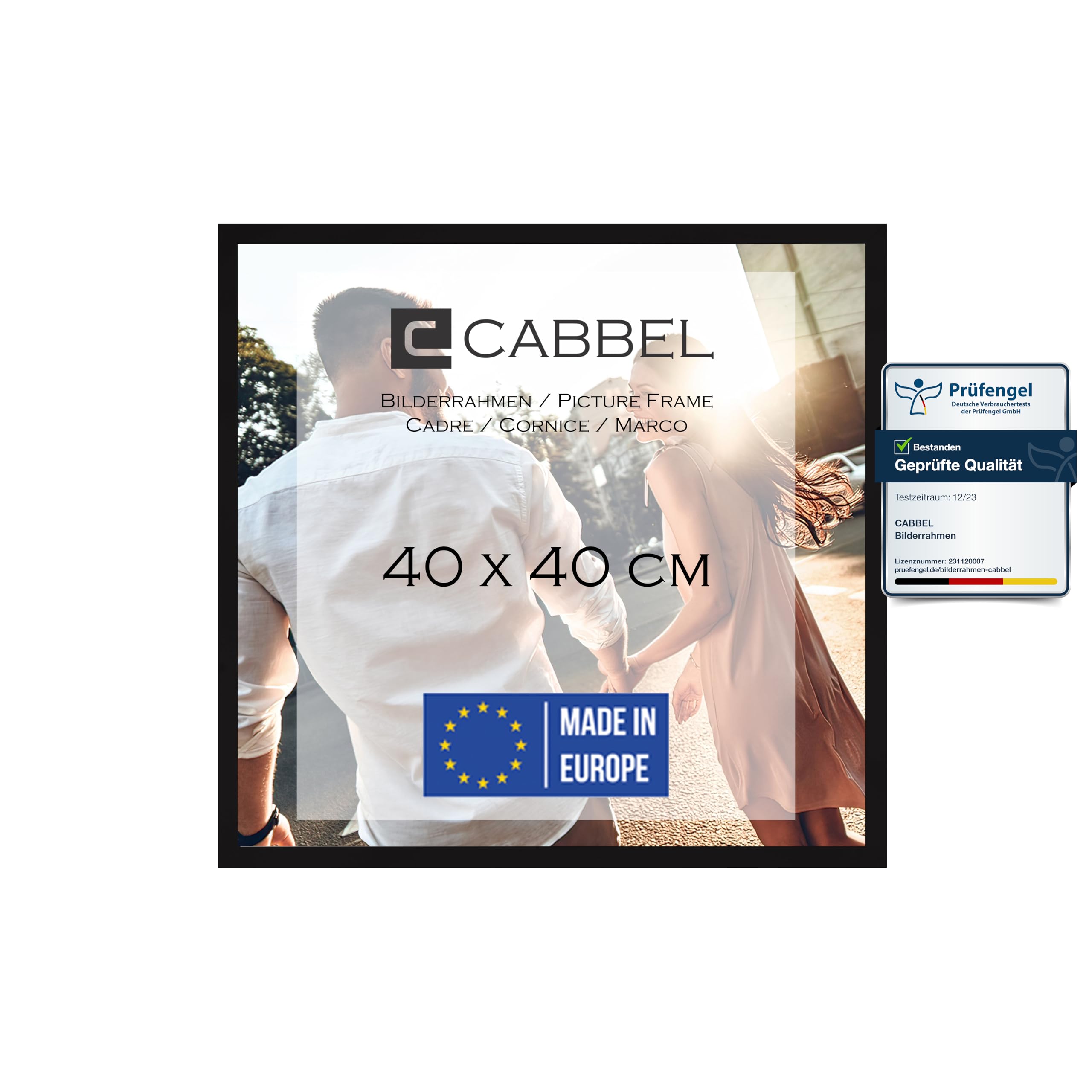 CABBEL Portarretratos 40x40 cm, negro, robusto marco de madera MDF, cristal Plexi inastillable, para colgar, ideal para fotos/cuadros/collage