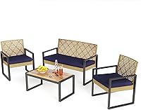 Vista 16 de PHI VILLA Juego de muebles de mimbre de patio para 4, sofá biplaza y sillas de ratán marrón con cojines beige y mesa de centro de madera de acacia