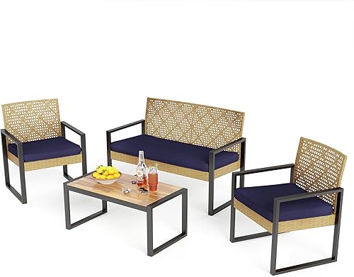 Miniatura 16 de PHI VILLA Juego de muebles de mimbre de patio para 4, sofá biplaza y sillas de ratán marrón con cojines beige y mesa de centro de madera de acacia