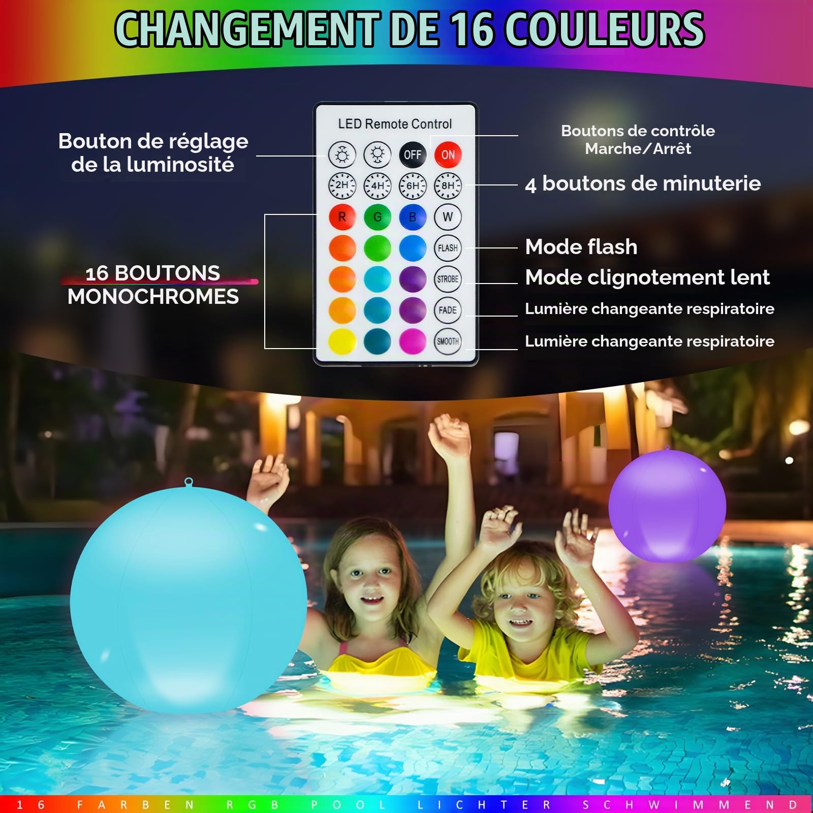 Lampe Solaire Flottante pour Piscine, 2 Pièces 13.4In LED Lampe Flottante Piscine Solaire, IP68 Solair Boule Lumineuse Piscine 16 RGB Solaire Lampe Flottante Sphère Lumière Pour Jardin Pelouse