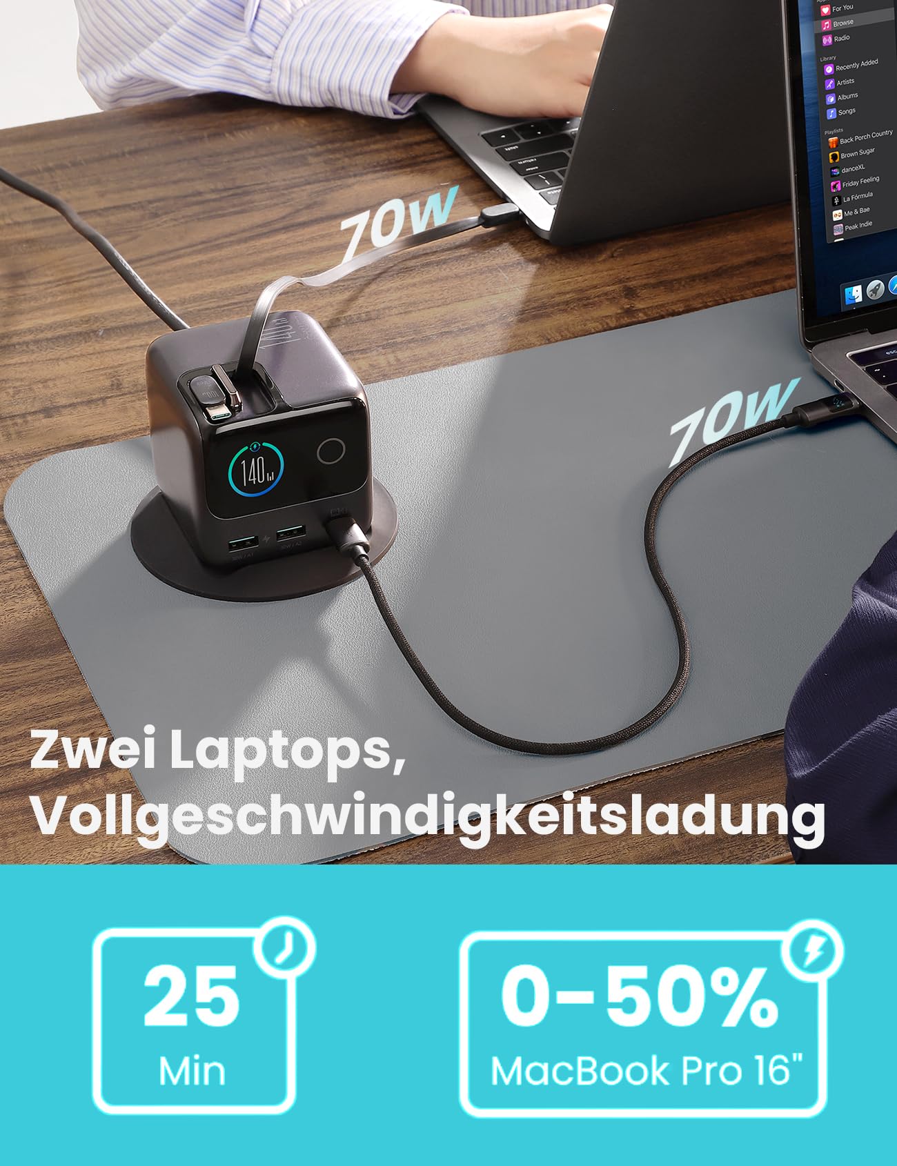 JOYROOM PODIX 140W 5‑in‑1 GaN Ultra Ladelstation, USB‑C Schnellladegerät mit 2 retraktablen 100W Kabeln (80 cm), 1,54" Smart LCD‑Anzeige, kompatibel mit MacBook, iPhone, Samsung | Für Büro & Zuhause