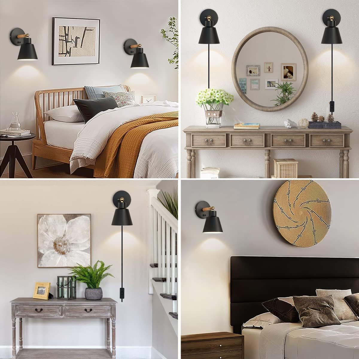 ClanKin Plug in Wall Sconces Lighting, Black Wood Style Wall Sconce Reading Lamp, Adjustable Wall Light for Bedroom Hallway Living Room (1, Black Plug-in)