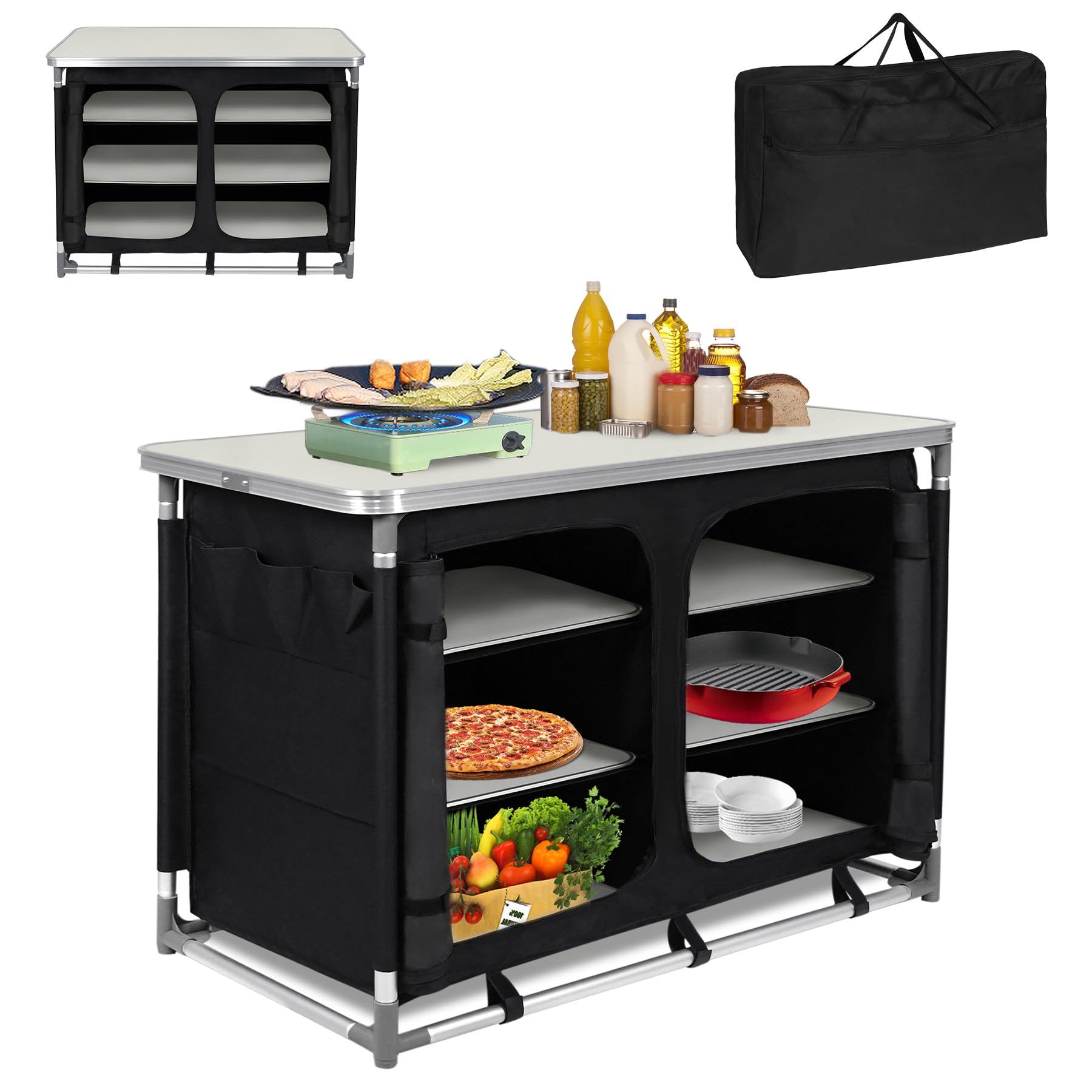 Cucina da campeggio, pieghevole, da campeggio, per esterni, con struttura in alluminio, scomparti e borsa per il trasporto, da cucina, da viaggio, per picnic, campeggio, barbecue