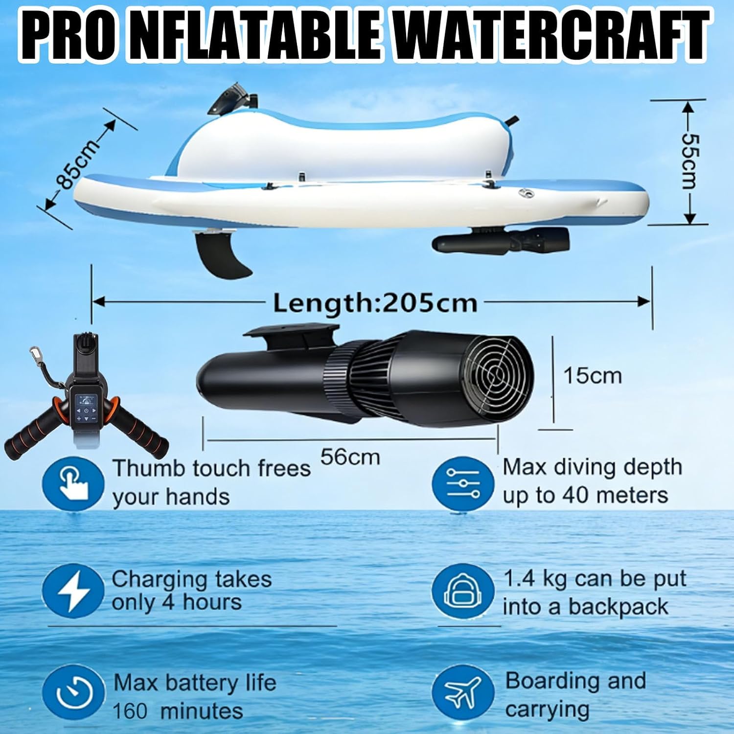 Electric Inflatable Jet Boat/Ski W/Underwater Scooter-3-In-1 Adult Electric Inflatable Surfboat & Diving Thruster & Paddle,3-9/11km/H,10-Speed,40m Depth,330lbs,Drop-Stitch Material 500W