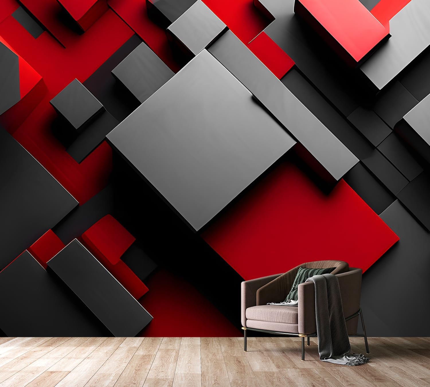 PYFFYP- Black and red 3D Geometry Wallpaper murals for Living Room(Not Peel and Stick) P023 112" x 73"