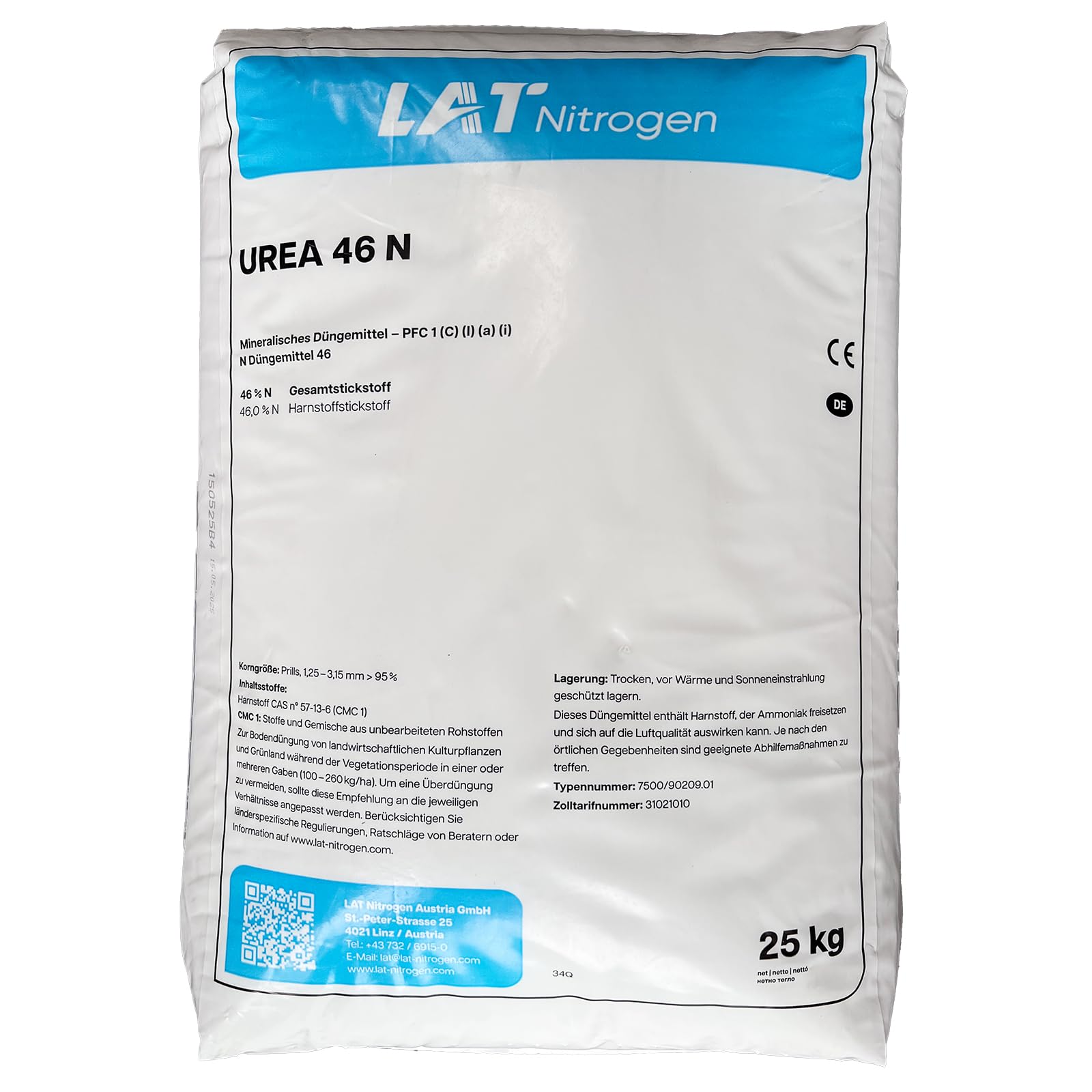 LAT Nitrogen UREA 46 N, Harnstoffdünger, Stickstoffdünger, Kopfdünger, Gartendünger für Ackerkulturen und Grünland - 25 kg Sack - geprillt, 46% Stickstoffgehalt