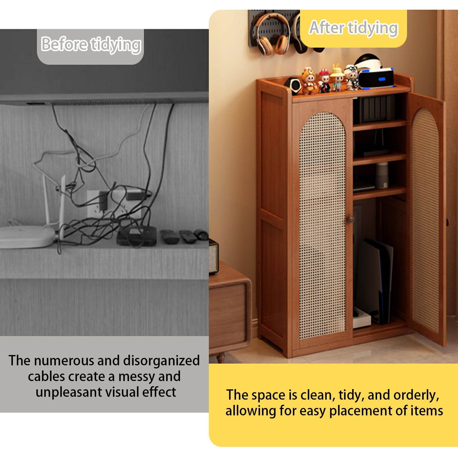 Wandregal Zur WLAN-Router-Halterung mit Verstellbaren Regalböden, Bodenaufbewahrungsbox mit Bambus-Akzenten, WLAN-Router-Schrank Aus Rattan