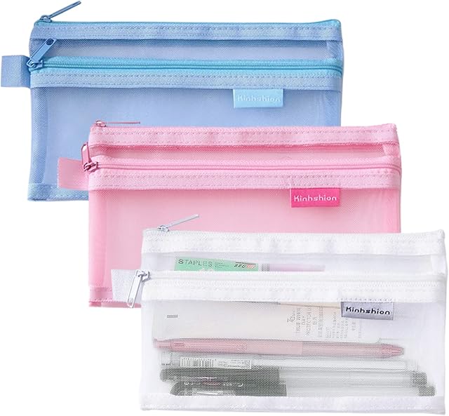 Pencil Case Large Capacity Pencil Bag, Double Transparent Mesh Pencil Cases, Student School Supplies Adult Portable Office Stationery Bag (3 Pack)