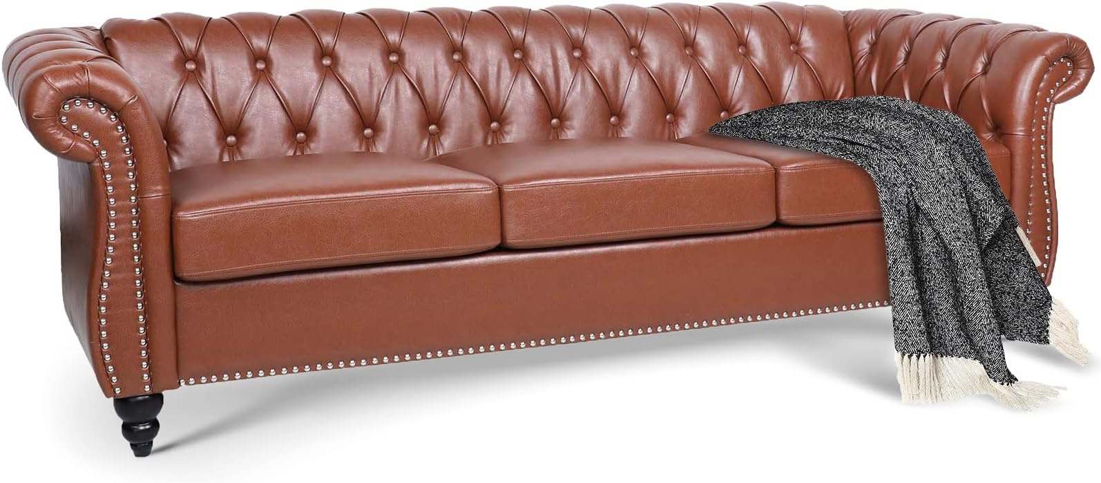 84" Leather Chesterfield Sofas for Living Room, Rolled Arm 3-Seater Large Couch Deep Button Nailhead Tufted Upholstered Couches for Bedroom, Office Apartment Easy to Assemble (Brown)