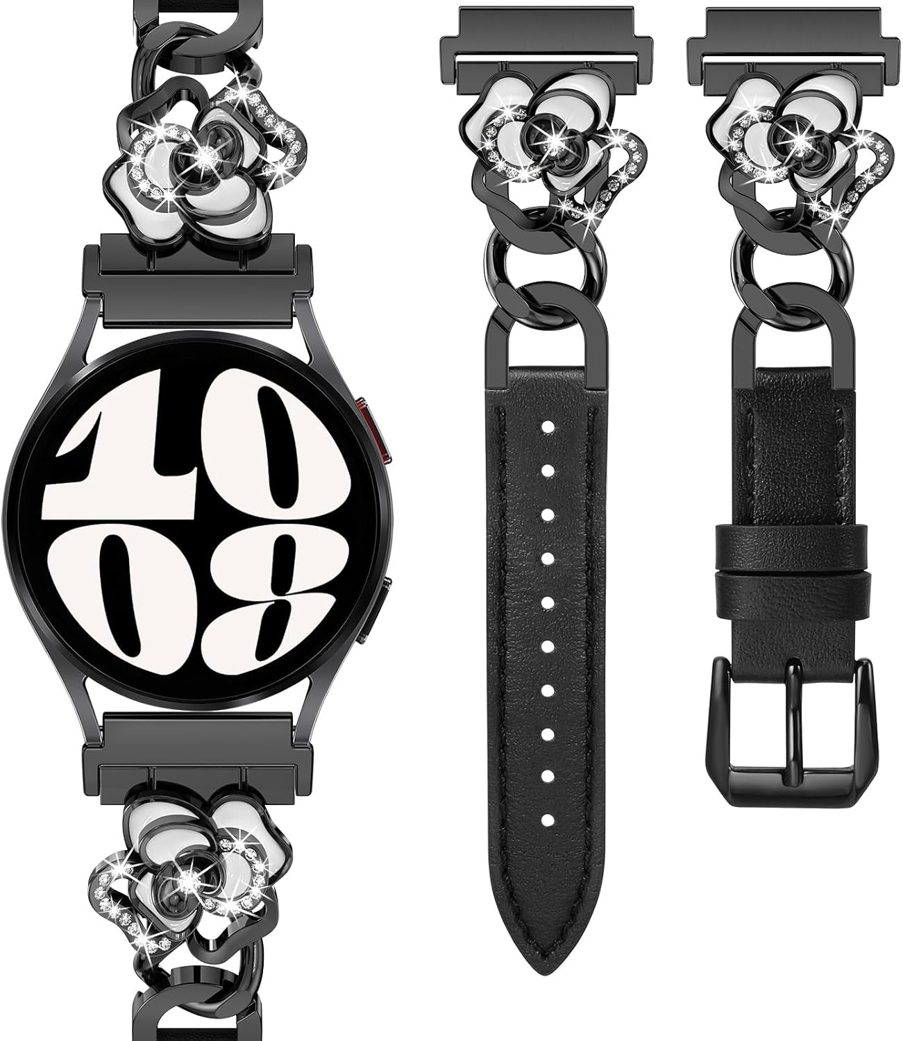 Minyee Leather Band Compatible with Samsung Galaxy Watch 7/6/5/4/FE/Active 2 40mm 44mm/Watch 6 Classic 43mm 47mm/5 Pro 45mm Women, 20mm Dressy Slim Elegant Metal Chain Strap with Bling Camellia Charms