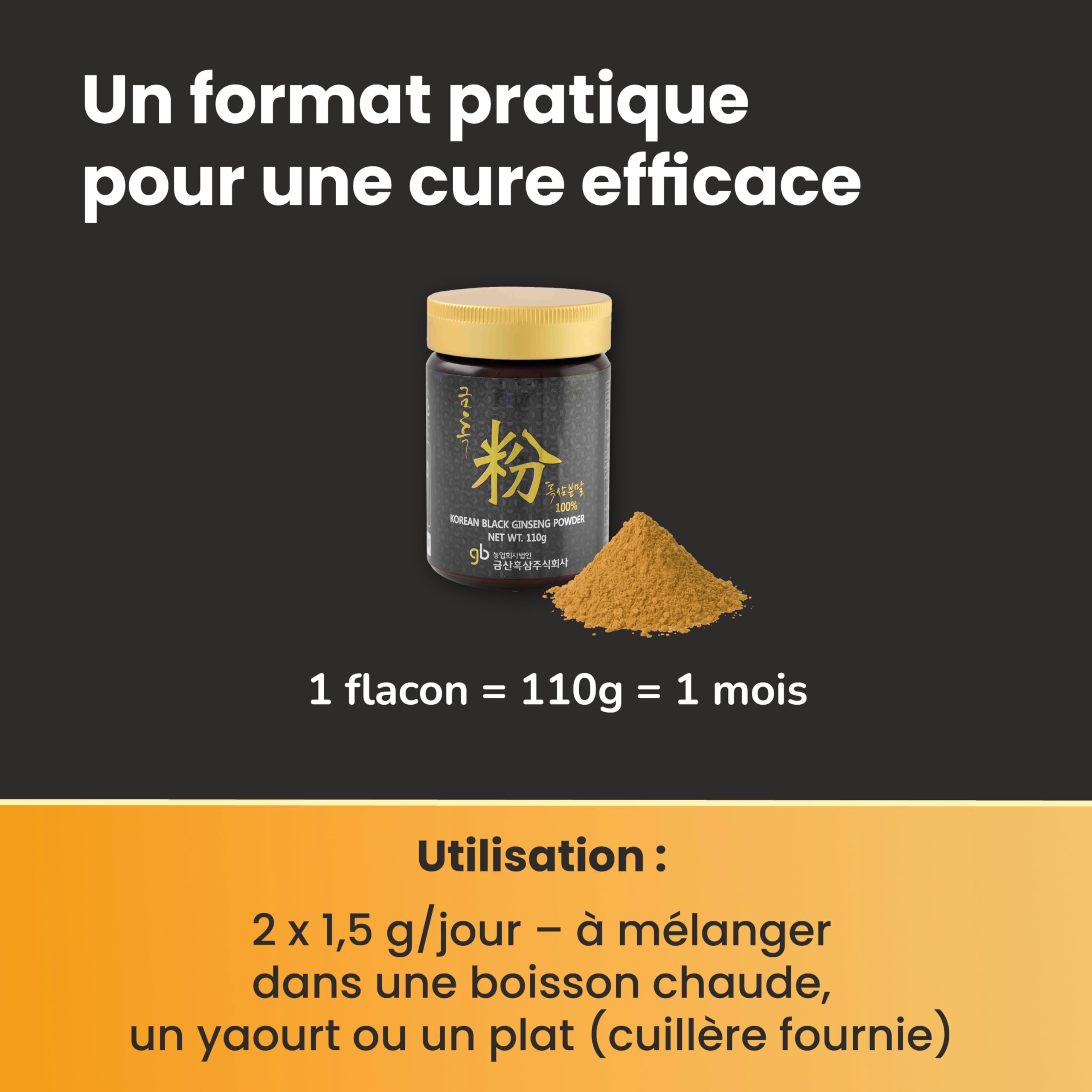 SAMSIDAE - Poudre de Ginseng Noir Coréen, Ginsénosides Rg1, Rb1, Rg3 = 4 mg/g, Mémoire et ÉnergieRacines de 4 à 6 ans, Qualité Supérieure, Cure de 1 mois, 110g