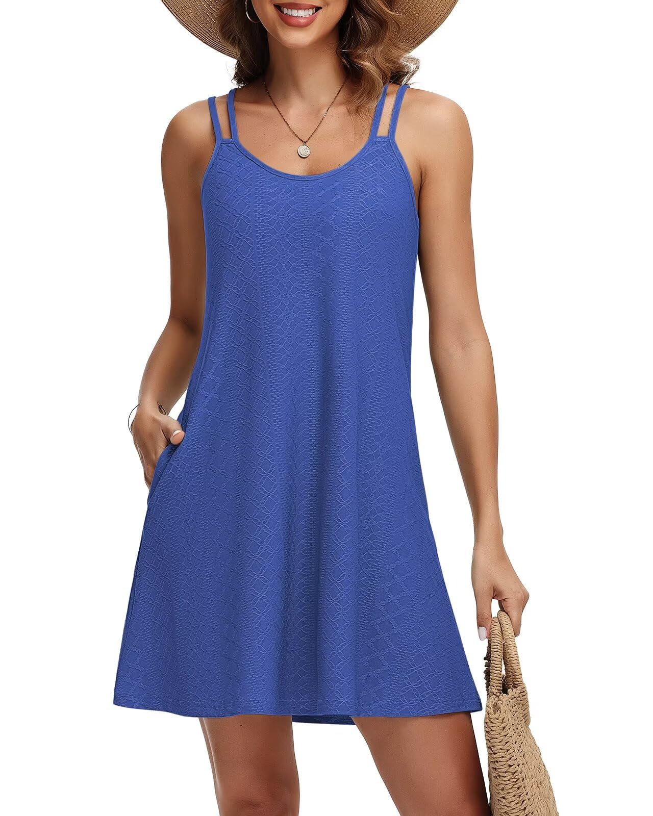 Tanmolo Sommerkleid Damen Strandkleid Spaghettitrger Freizeitkleid Kurz Ärmellos Tank Kleid Leicht und Luftig XL Königsblau