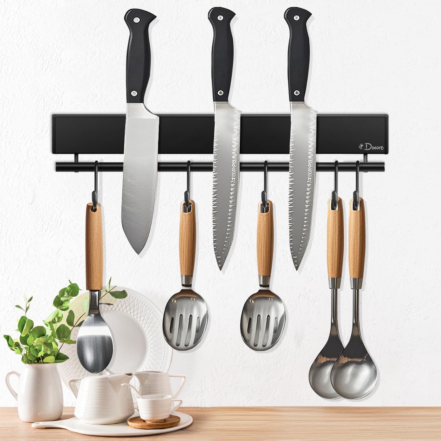 Dmore magnetic knife holder for wall—with 5 hooks, No Drilling 12 Inch black knife magnetic strip, Extra Strong Magnet knife rack, include Adhesive Tape and screws for Knives and Tools Dmore magnetic knife holder for wall—with 5 hooks, No Drilling 12 Inch black knife magnetic strip, Extra Strong Magnet knife rack, include Adhesive Tape and screws for Knives and Tools