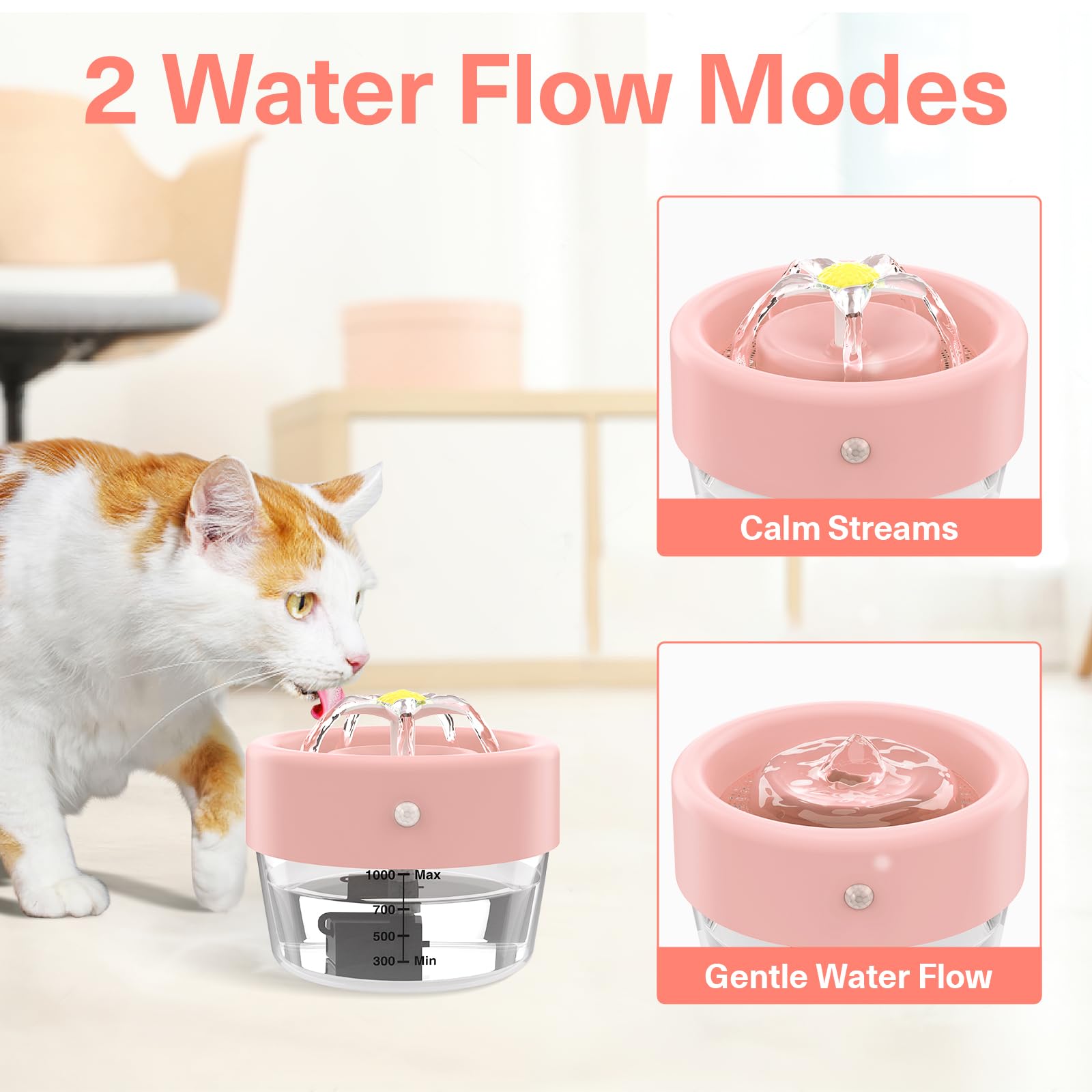 Jewyow Fontana per Gatti Senza Fili, 1 L Fontana per Gatti Automatica Ultra Silenziosa, Fontana per Gatti Alimentata a Batteria da con Rilevatore di Movimento,1000 mAh, 25s, per Gatti e Cani, Rosa