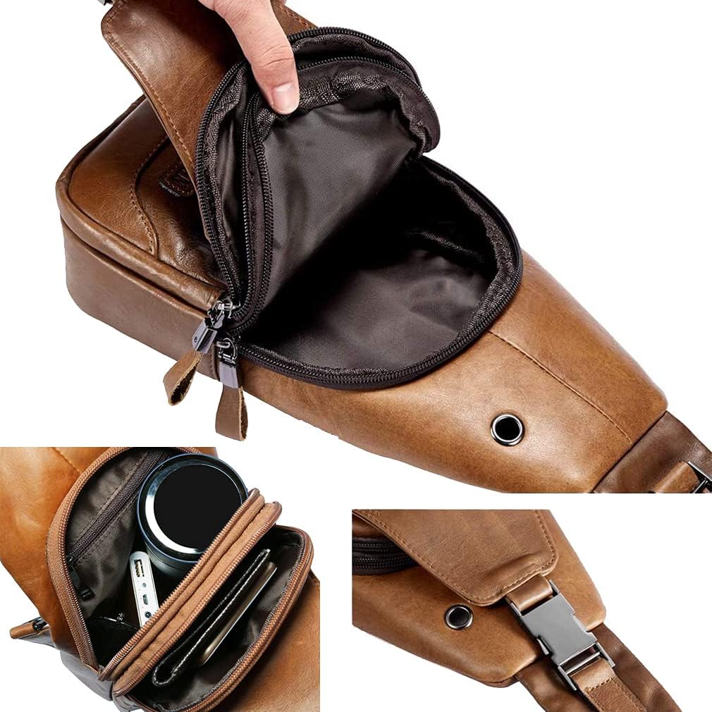 Hebetag Leather Sling Bag Hiking Daypack for Men Women Outdoor Travel Camping Fishing Crossbody Shoulder Chest Pack Daypack Small Brown