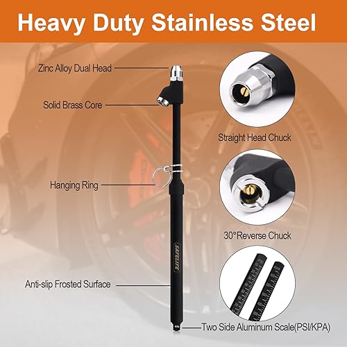 Miniatura 2 de SAFELIFE Medidor de presión de neumáticos, medidor de presión de aire resistente, mandriles de doble cabezal de pie recto, negro esmerilado,