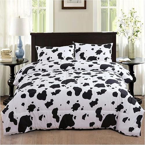 PERFEMET Juego de edredón de 3 piezas con estampado de vaca, tamaño matrimonial, negro y blanco, lindo juego de ropa de cama geométrico, suave, PERFEMET Juego de edredón de 3 piezas con estampado de vaca, tamaño matrimonial, negro y blanco, lindo juego de ropa de cama geométrico, suave,