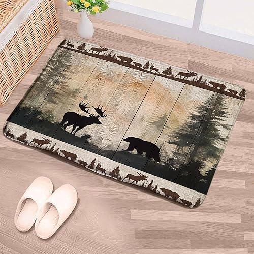 Miniatura 3 de Alfombra de baño rústica con estampado de oso ciervos y bosque, tablero de madera de granja, retro, cabaña, caza, camping, alfombras de baño