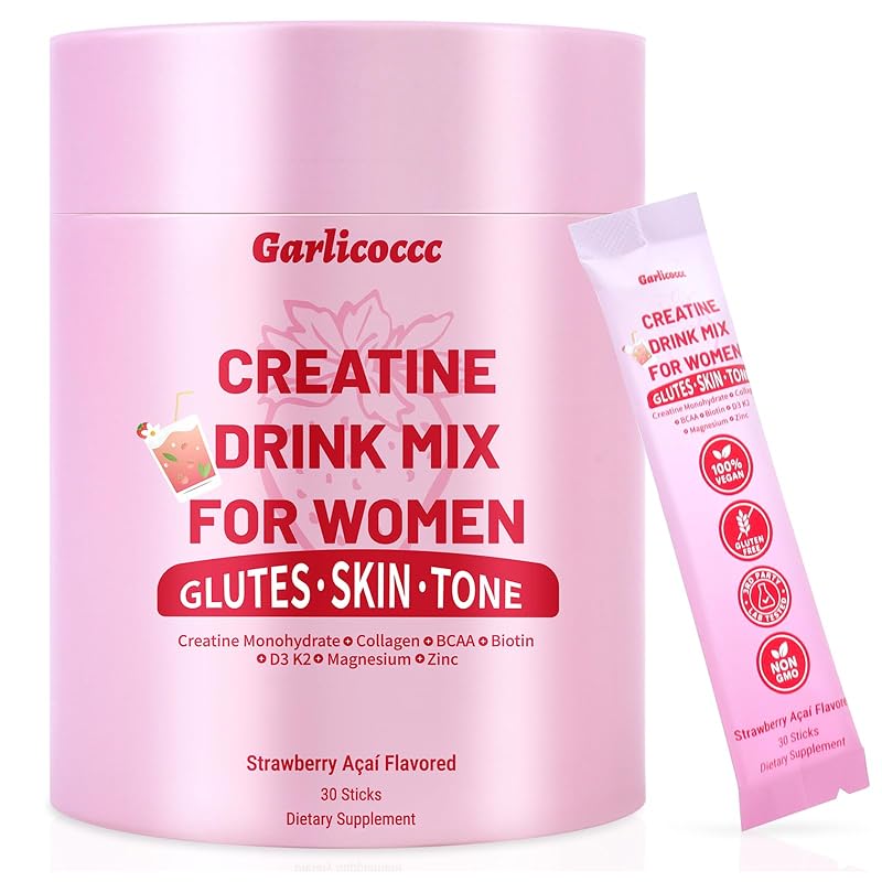 Garlicoccc Creatina em Pó para Mulheres com Creatina Monohidratada, BCAA e Colágeno, 30 sachês sabor morango