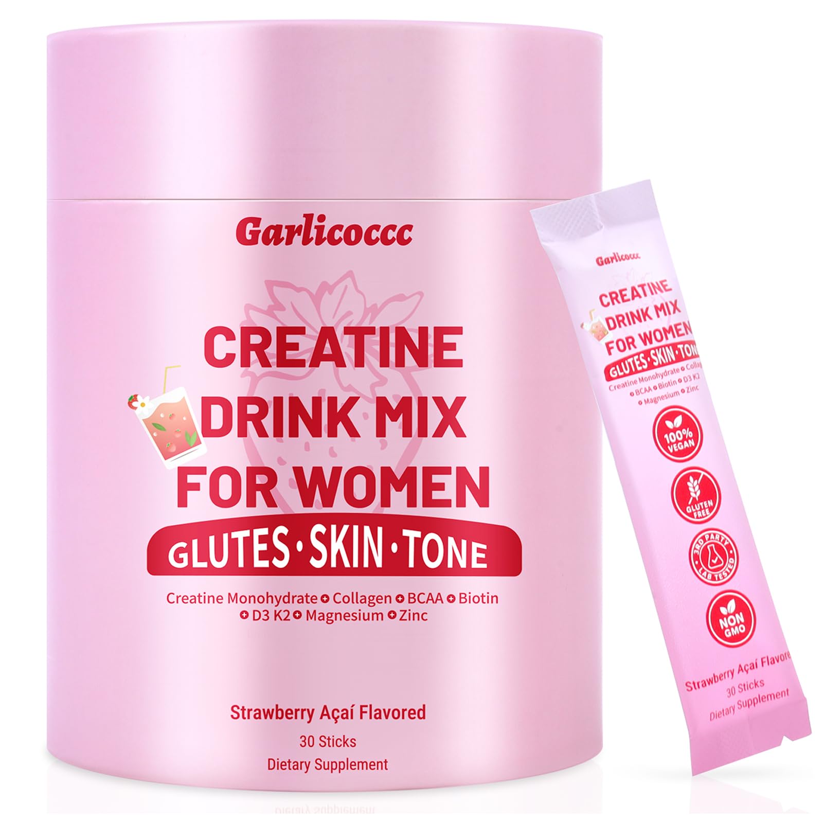 Creatine Powder for Women–Creatine for Women, Strawberry Flavor–30 Sticks