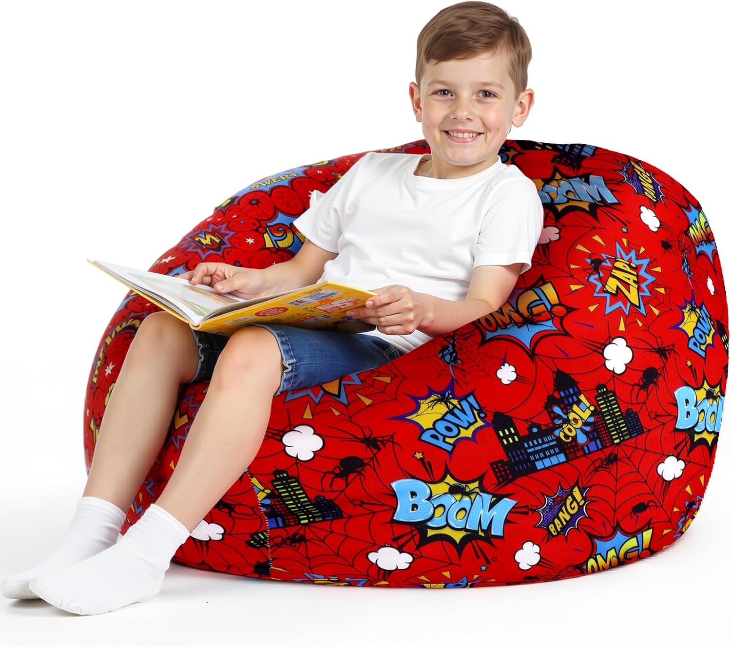 Boao Stuffed Animal Storage Bean Bag Chair Cover (No Filler) Washable Canvas Beanbag Chair Bean Bag Cover with Zipper for Organizing Plush Toy or Textile Sack Beanbag(1 Pc,Cartoon Spider,30 Inches)