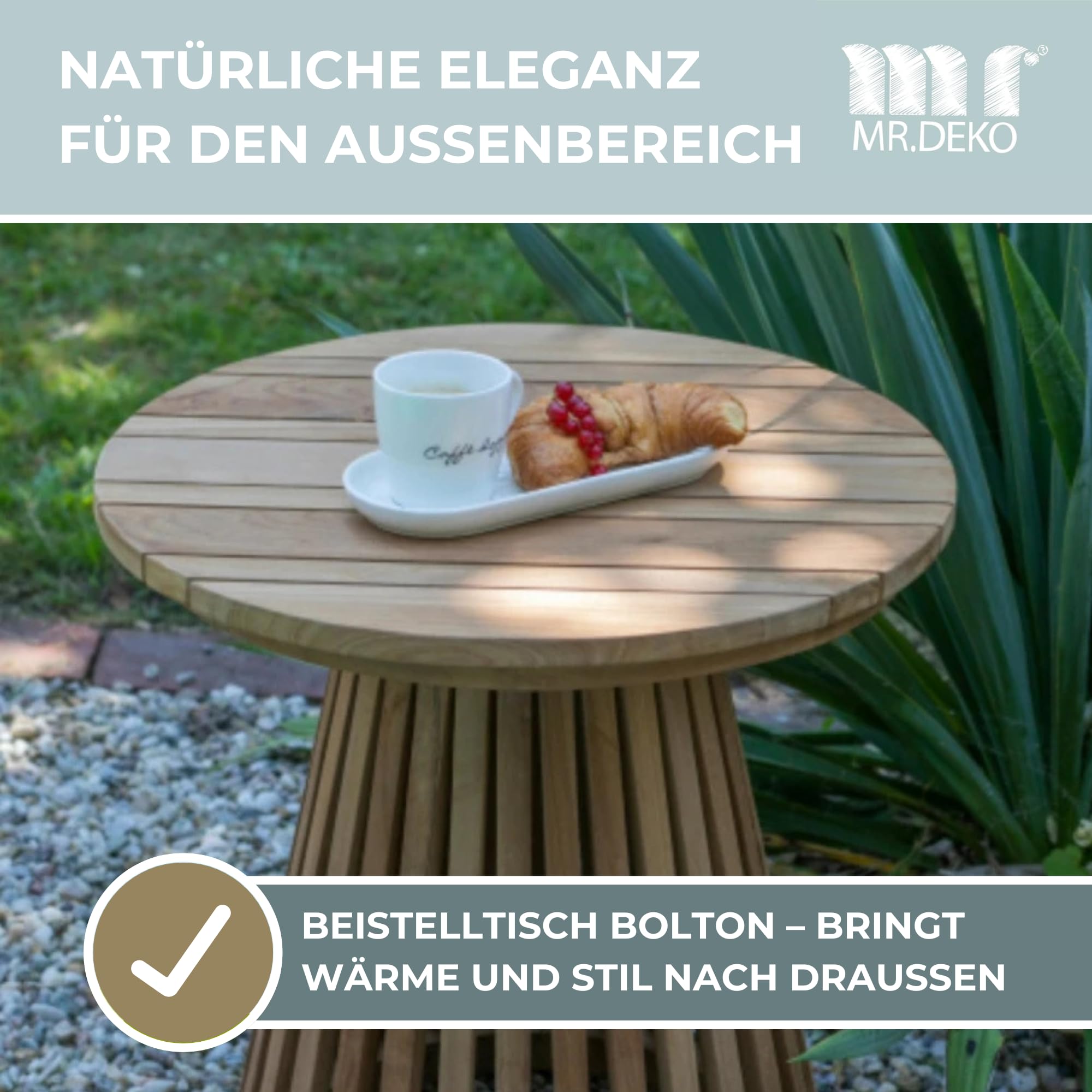 MR. DEKO Beistelltisch Outdoor wetterfest Bolton Balkontisch Rund 50cm | wetterfest Teakholz small