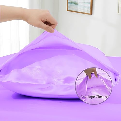 Miniatura 6 de Juego de sábanas de satén de color lavanda de 4 piezas, tamaño King, juego de sábanas de satén sedoso de 15 pulgadas de profundidad, juego de ropa