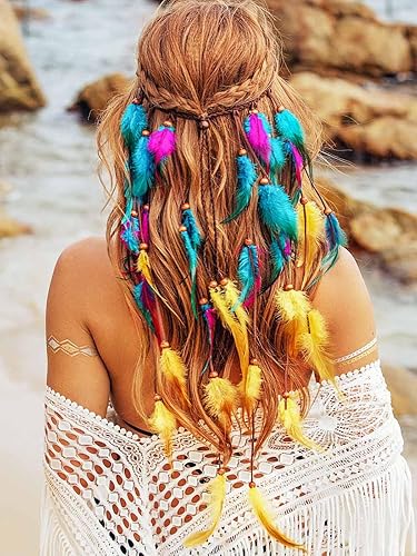 Miniatura 9 de Diadema bohemia de plumas para festival, accesorios para el cabello largo gitano bohemio con cuentas hippie para mujer (patrón 1)