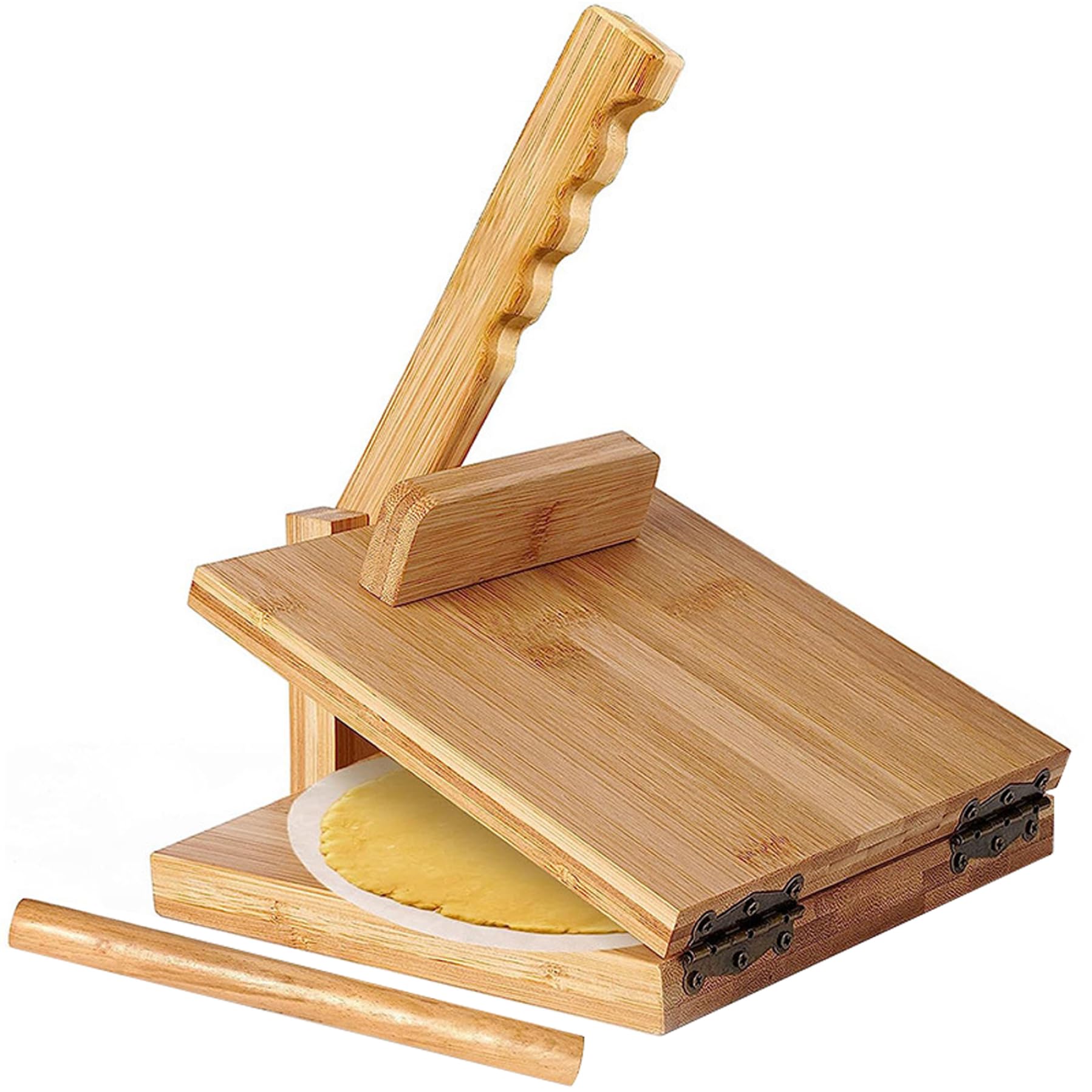 Gcroet 1pc Tortilla Press 10 pouces, Rotation Bamboo Flour Tortilla Press, Facile à nettoyer Chapati avec rouleau à pâtisserie et papier parchemin pour la cuisine