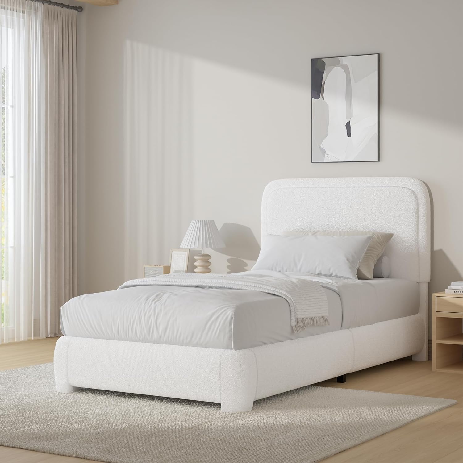 BarnFurin Twin Bed Frame with Cloud Boucle Headboard