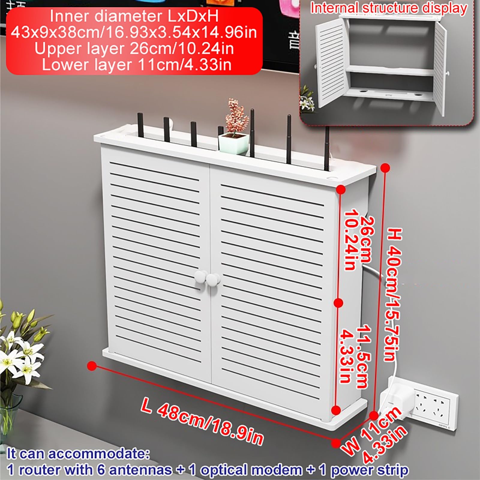 WiFi Router Mensola Montaggio a Parete Nascondere Cavi Scatola con Anta e Ripiano Grande Capacità per Soggiorni Casa e Ufficio.(48x11x40cm)