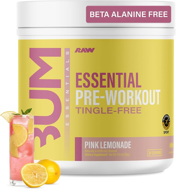 Essential Tingle-Free Pre Workout Powder - Preworkout Without Beta-Alanine for Clean Energy & Focus - Workout Supplement with 200mg of Natural Caffeine - Pink Lemonade - 30 Servings