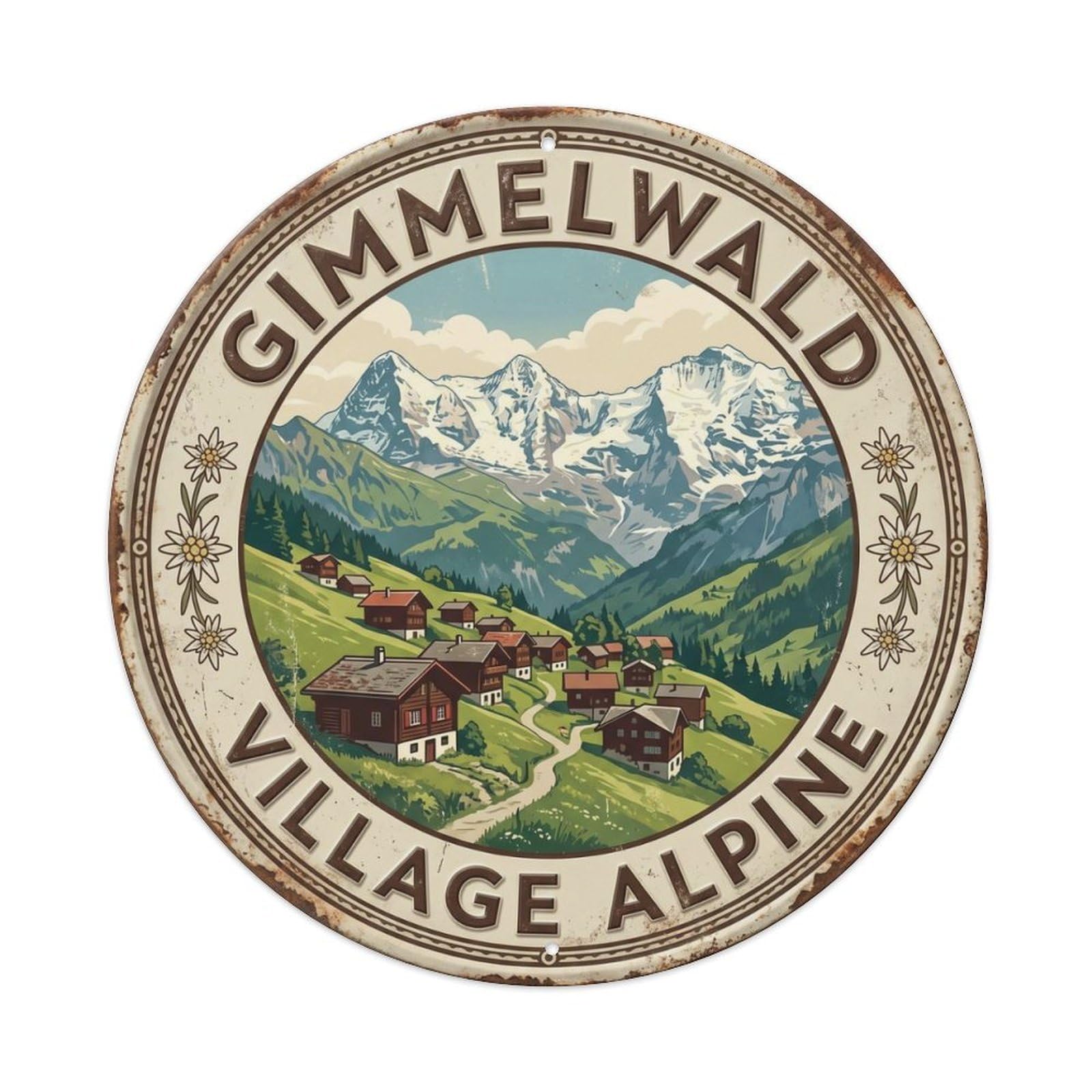 Gimmelwald Village Alpine Switzerland Hamlet Vintage Metal Tin Sign Plaque Wall Decor for Cafe, Club, Garden Round Metal Poster 8x8Inch