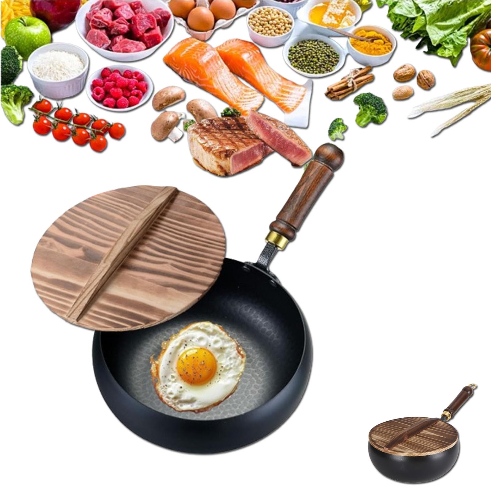 Padella in ferro non rivestita, padella in Sartén de hierro sin revestimiento, sartén japonesa Suntuup, wok de fondo redondo con tapa, wok pequeño de fondo plano sin revestimiento (24cm)