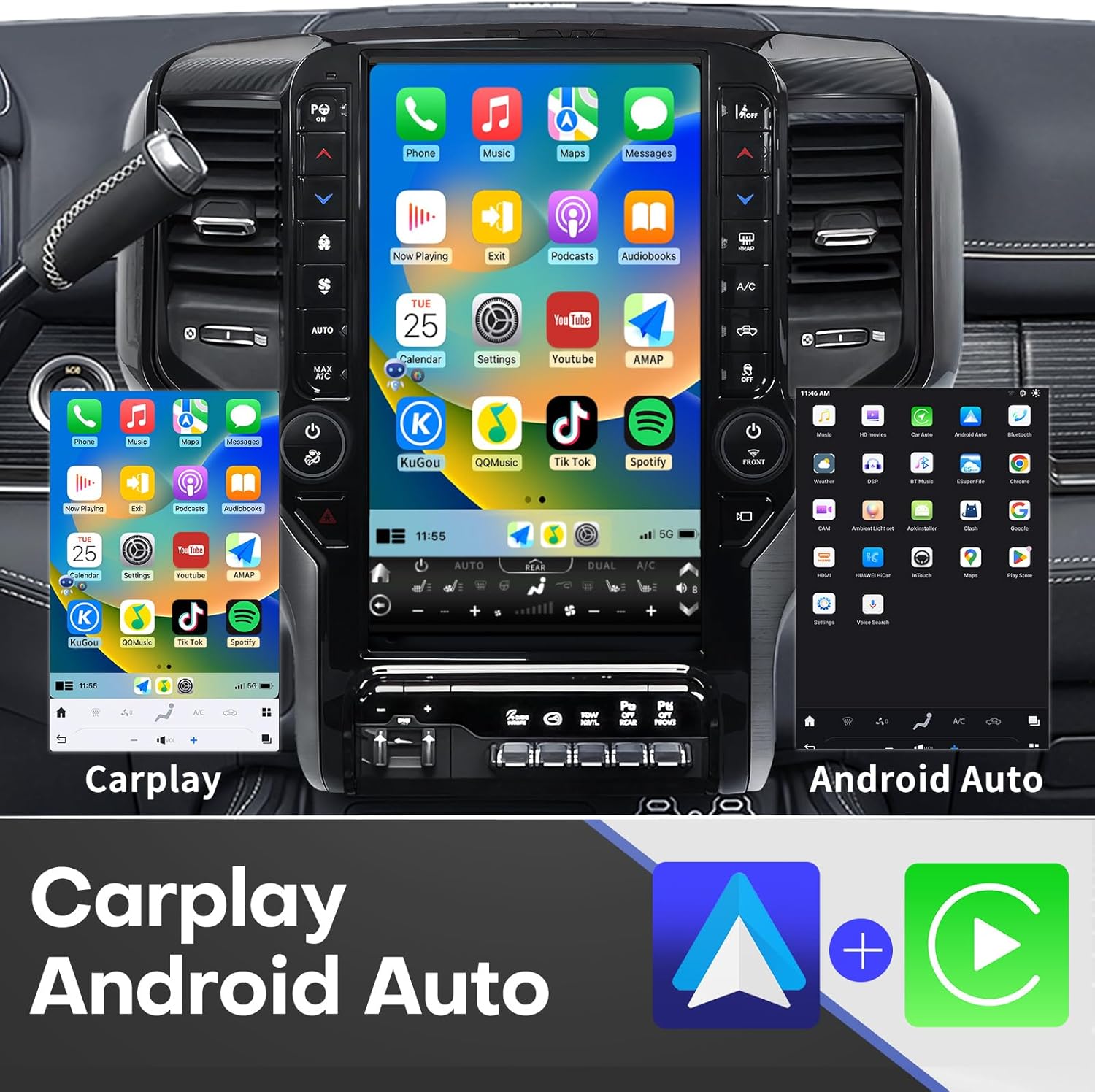 Car Radio Stereo for Dodge Ram 1500 2500 3500 2019 2020 2021 2022 2023 2024, 13.6 inch Touchscreen Wireless CarPlay Android Auto Headunit Upgraded with 8Core 8+128G Bluetooth GPS Navi DSP WiFi 4G SWC