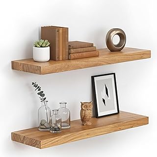 STORE INDYA Solid Wood Floating Shelves Set of 2 | Rustic Wall Mounted Wooden Floating Shelf with Iron Hinges | Durable Heavy Duty Floating Shelf for Bathroom, Kitchen, Living Room Storage | 2 Pieces