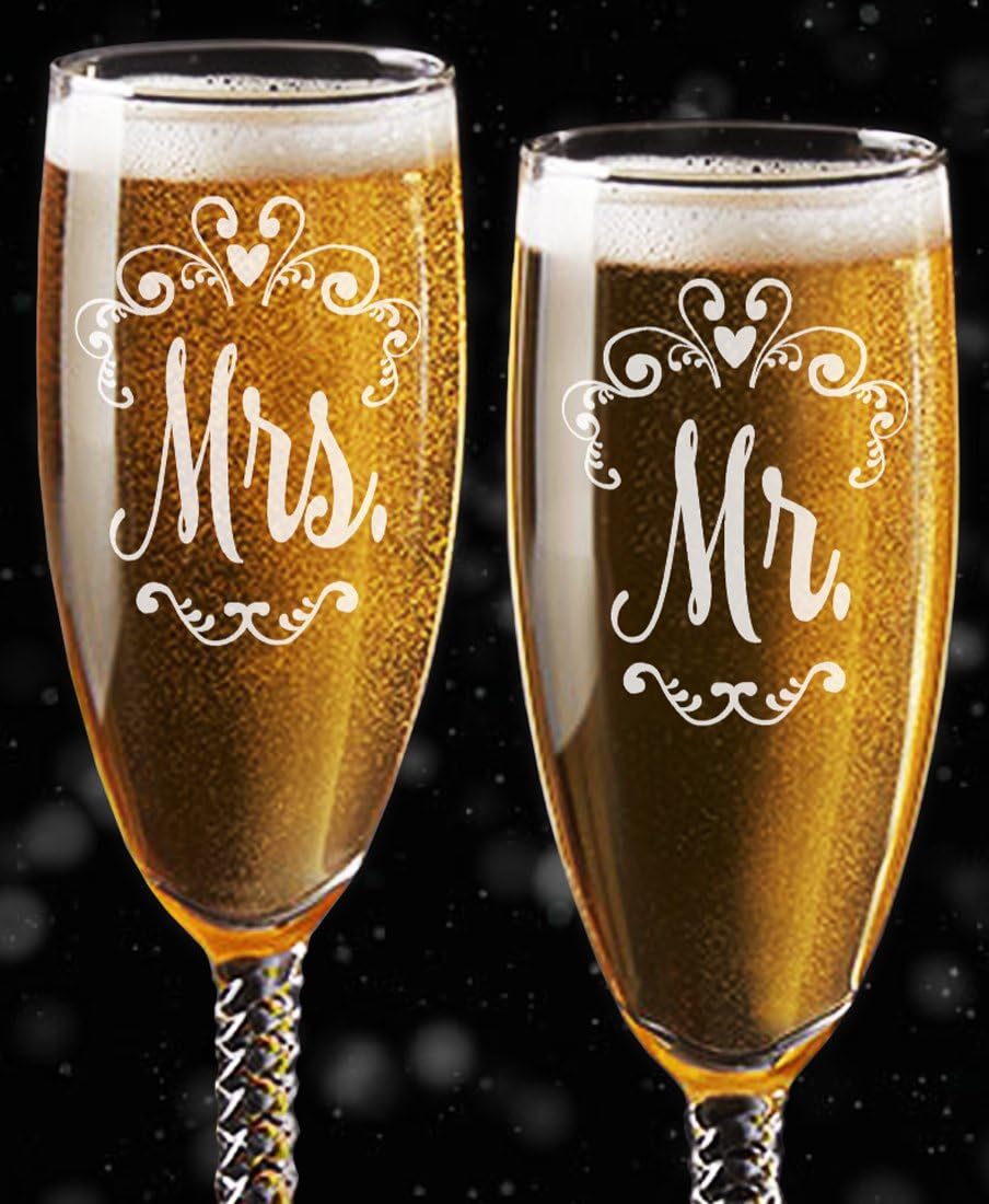 Mr Mrs Wedding Reception Celebration Twisty Stem Champagne Glasses Set of 2 Couples Newlywed Married Groom Bride Husband Wife Anniversary Engraved CLEAR Flute Glass Favors (Non Personalized)