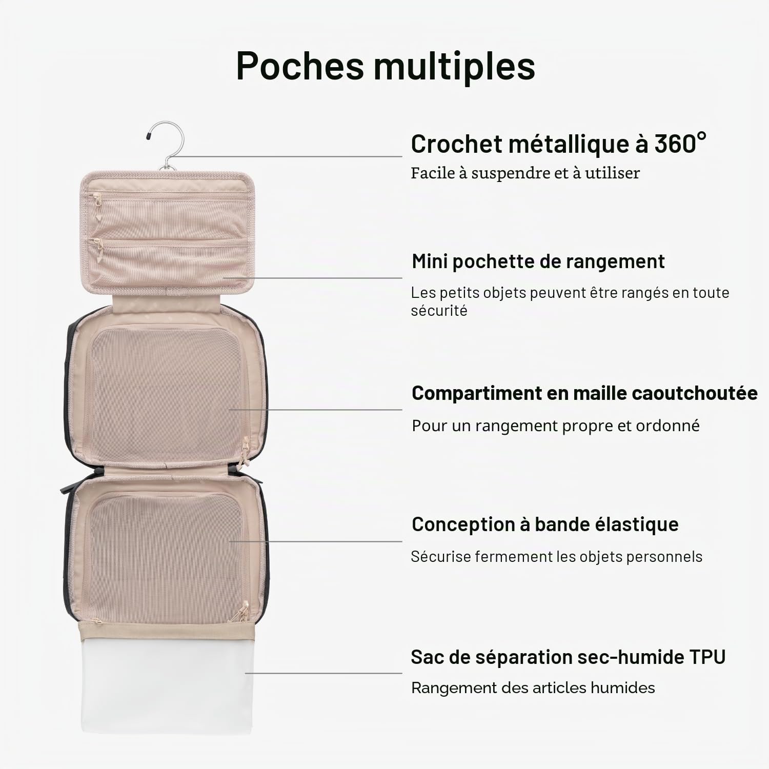 LEVEL8 Trousse de Toilette L Imperméable Légère 6 Poches Crochet Noir