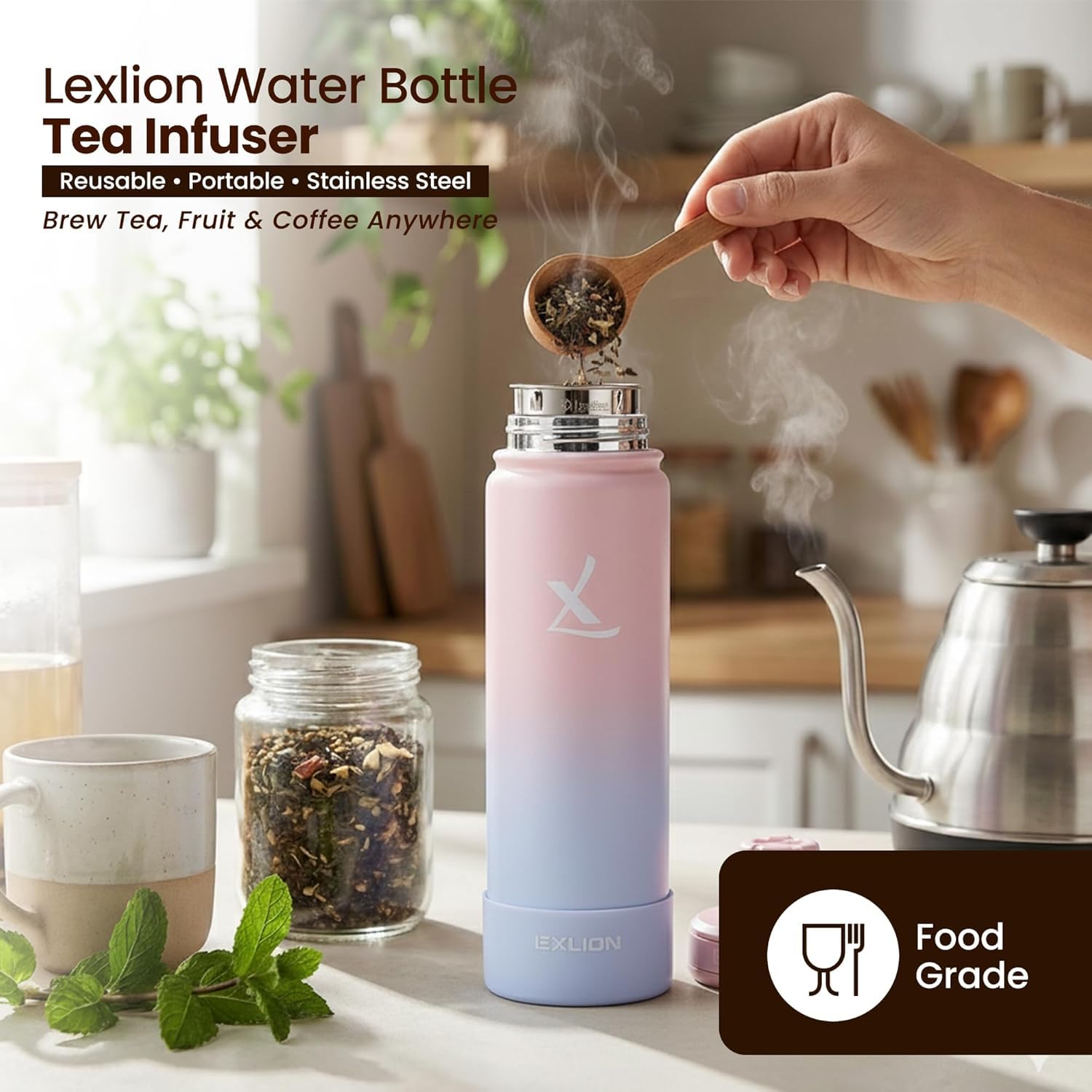 Lexlion Wasserflasche Tee-Ei für losen Tee – Wiederverwendbares & tragbares Edelstahl-Ei für Obst, Kaffee, grünen Tee, Eistee, Kräutertee, schwarzen Tee – runde Teesiebe & Filter – (1 Pack)