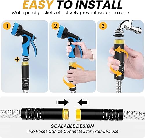 Miniatura 7 de Lefree Manguera de jardín de 75 pies, manguera de jardín de metal, manguera de acero inoxidable con boquilla de 10 funciones, manguera de agua