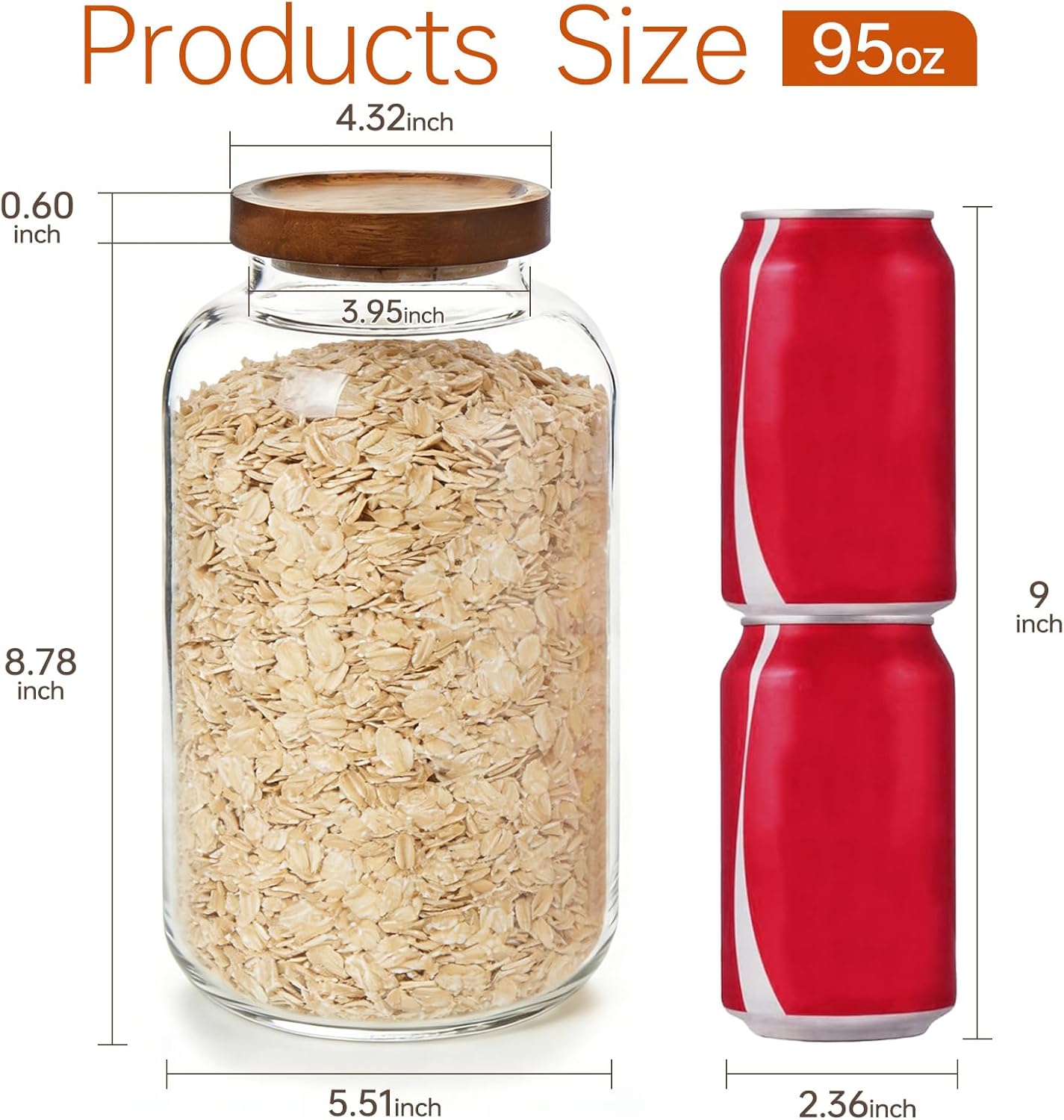 2-Pack Glass Storage Jars with Wooden Lids Single 95 fl oz/2800ml,Glass Canister Set,Airtight Containers for Kitchen Dry Goods, Coffee, Tea, Sugar,Flour,Candy, Cookie, Pasta