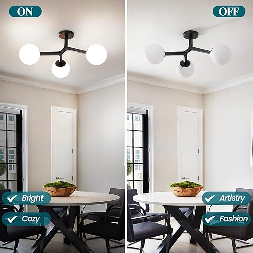 Miniatura 3 de Lámpara de techo semiempotrada de 3 luces, color negro, moderna lámpara dorada con globo de vidrio esmerilado lechoso E12, lámpara de techo Sputnik